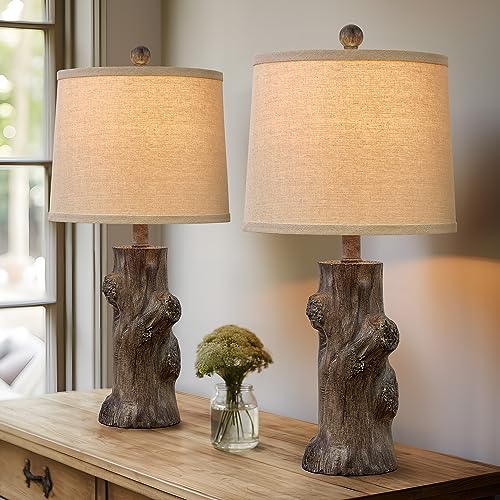 23"Resin Table Lamps for Living Room Set of 2 Country Cottage Farmhouse Lamp for Bedroom Tree Trunk Wood Grain with Oatmeal Fabric Round Shade Vintage Rustic Traditional Nightstand Bedside Lamp