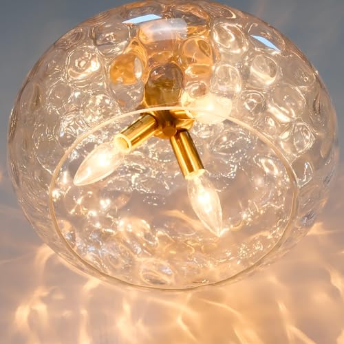 Brass Gold Semi Flush Mount Ceiling Fixture Large Hammered Glass Shade Modern Close to Ceiling Light 14" Art Lampshade for Hallway Foyer Bedroom