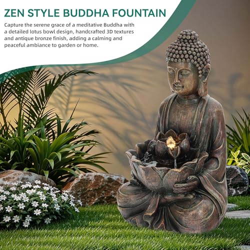 29" Zen Meditating Buddha Statue Outdoor Fountain with LED Lights