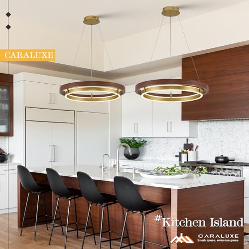 LED 2 Ring Brass Gold Chandelier Dimmable Up Down Light Gold Walnut Wood