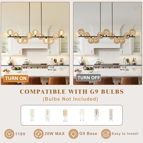 Linear Chandeliers for Dining Room 51" Island Lights for Kitchen Modern Sputnik Chandelier with Amber Swirled Glass 11 Light Dining Room Chandelier Large Linear Chandeliers for Kitchen Island (11 Count)