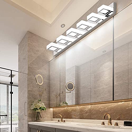Modern Chrome Bathroom Vanity Lights Dimmable 6 Lights Acrylic Stainless Steel Modern LED Vanity Light Fixtures for Bathroom Lighting Dimmable 6000K Cool White Light