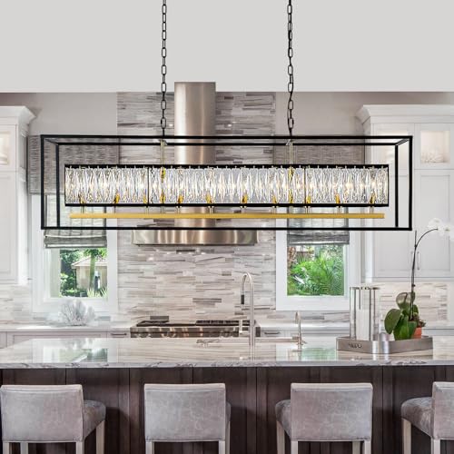 Modern Large Rectangular Black and Gold Crystal Chandelier