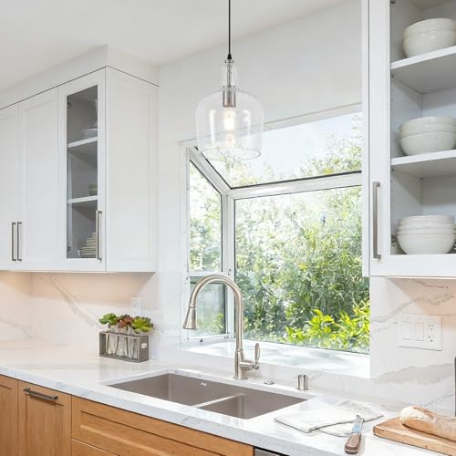 9” Brushed Nickel Seeded Glass Pendant Light Modern 1 Light Single Dome Pendent Lighting Fixtures for Kitchen Island Dining Room Hallway