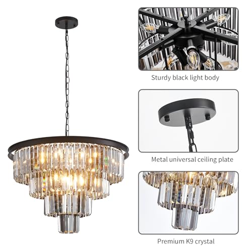 24'' Smoke Gray Crystal Chandelier Black Modern Luxury Light Fixture for Dining Room 4