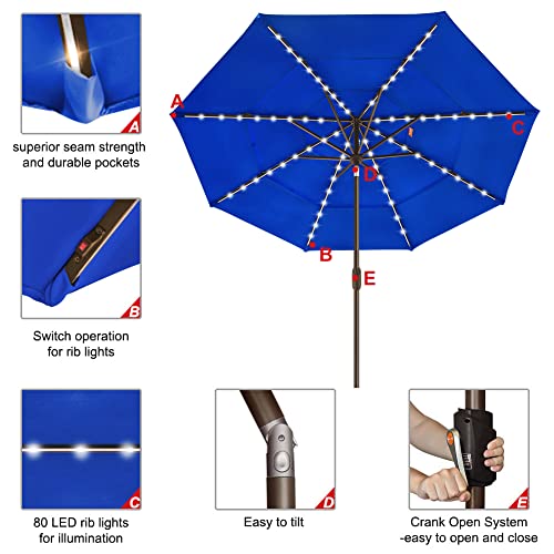 USA 10-Year-Non-Fading 9ft 3-Tier Market Patio Umbrella, Commercial Table Umbrella with 80 Solar LED Lights, Crank Open, Windproof & UPF 50+ UV Protection for Garden, Deck, Pool, Backyard, Royal Blue