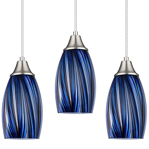 Dark Blue Glass Mini Pendant Lights for Kitchen Island 3Pack Blown Art Glass Pendant Lighting Shade Hanging Pendant Lights with Brushed Nickel Finish for Kitchen Over Sink