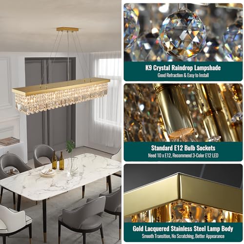 10 Light Rectangular Gold Crystal Chandelier for Dining Room L47''