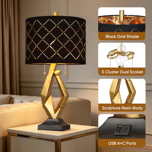 Modern Black and Gold Table Lamps Set of 2 with Dual Pull Chains Switch (2 Count)