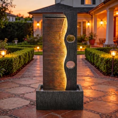 AUTODAYA 39" Modern Zen Outdoor Water Fountain LED Cascading Waterfall