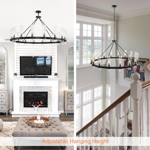 48 Inch Black Wagon Wheel Chandelier with Glass Shade