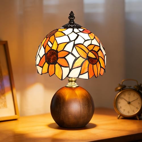 12.2" Retro Sunflower Tiffany Small Table Lamp with Wood Base