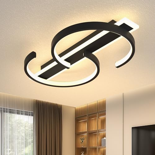LED Ceiling Light 2 Rings Black Modern Flush Mount Ceiling Lamp with Remote 3000