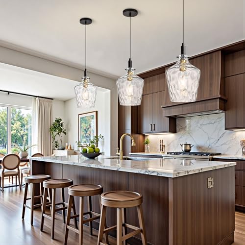 Hammered Glass Pendant Light for Kitchen Island 1 Pack Black Gold 8 Inch