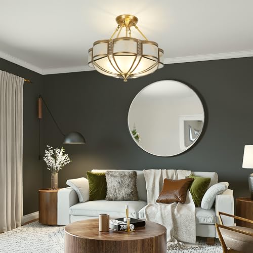 Brass Semi Flush Mount Ceiling Light Fixture with Ceramic Light Socket