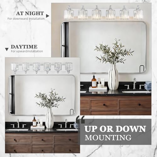 6 Light Modern Bathroom Light Fixture Chrome Vanity Lights Over Mirror Wall Sconce Lighting with K9 Crystal Shades Bathroom Wall Lamp E26 Base for Bedroom