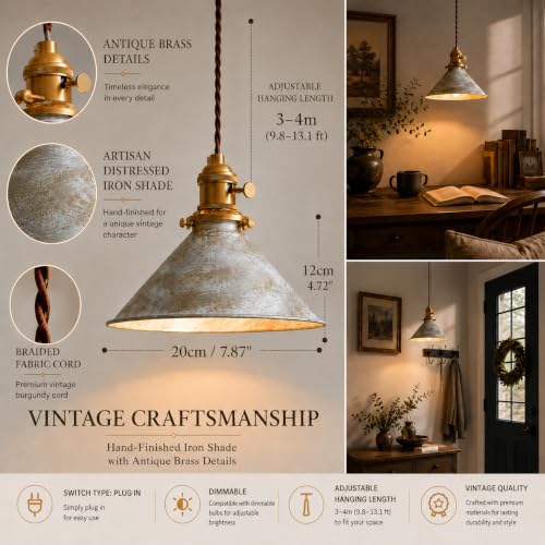 Hanging Lights with Plug in Cord Antique Silver Cage Industrial Pendant Light On