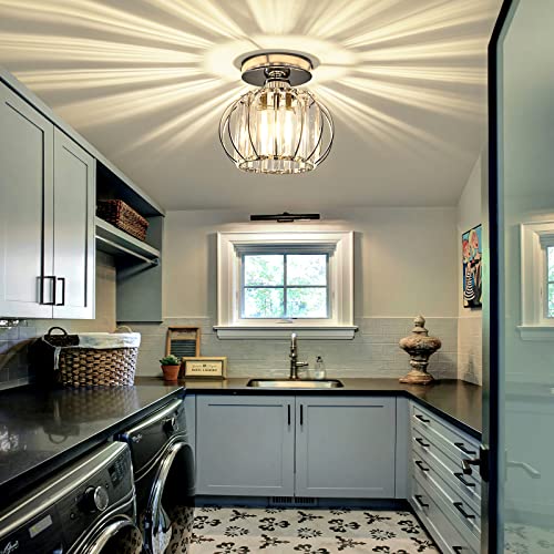 Modern Semi Flush Mount Ceiling Light Fixture E26 Mini Crystal Chandelier Chrome Small Ceiling Lamp for Entryway Bedroom Bathroom Hallway Closet Foyer （Silver