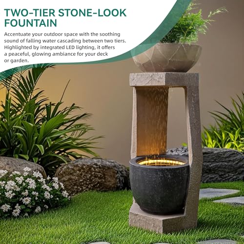 32" Geometric Outdoor Water Fountain with Birdfeeder