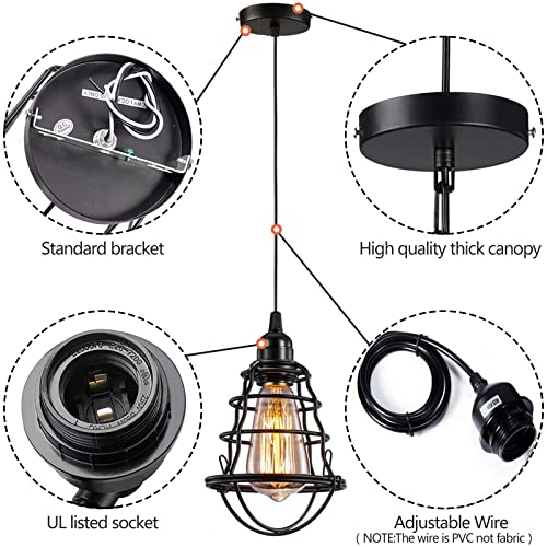 Industrial Pendant Light INNOCCY Edison Hanging Cage Pendant Lights E26 E27 Base Vintage Adjustable Pendant Lamp Fixture for Kitchen Home Lighting 2 Pack (2 Count)