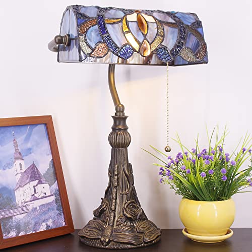 Tiffany Banker Lamp Small Stained Glass Table Lamp Blue Purple Cloudy