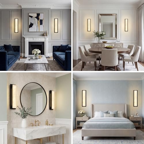 Alabaster Wall Sconces Set of Two Modern LED Wall Lights Natural Spanish Marble 20" Rectangular Wall Sconce Black Wall Lamps for Bedroom Living Room Hallway Staircase
