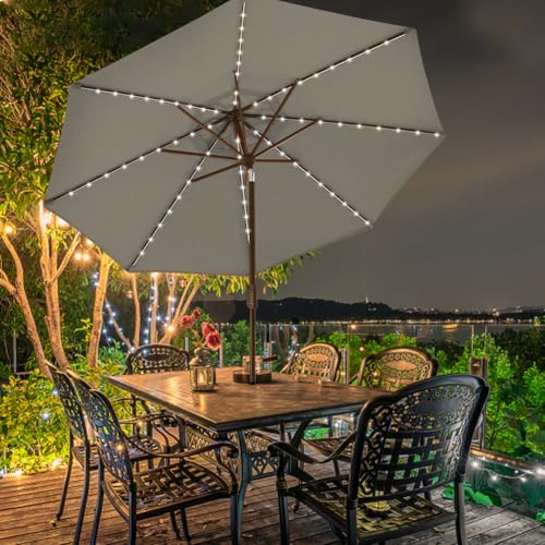 USA 10-Year-Non-Fading 9ft Market Patio Umbrella, Commercial Grade Table Sun Umbrella with 80 Solar LED Lights, Crank Open, Windproof & UPF 50+ UV Protection for Garden, Deck, Pool, Backyard, Taupe