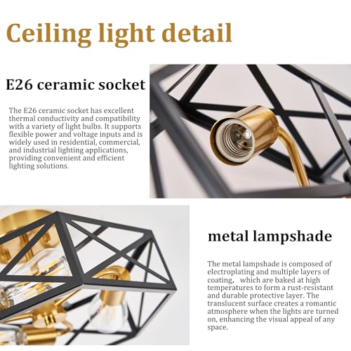 Black and Gold Modern Farmhouse Semi Flush Mount Ceiling Light 14.6 in