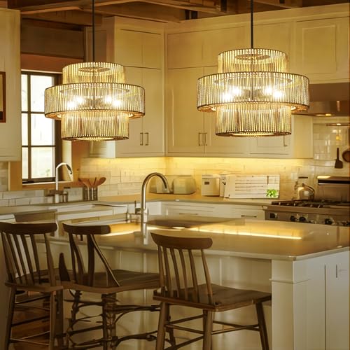 22" Boho Hand Woven Rattan Chandelier Light Fixtures for Dining Room
