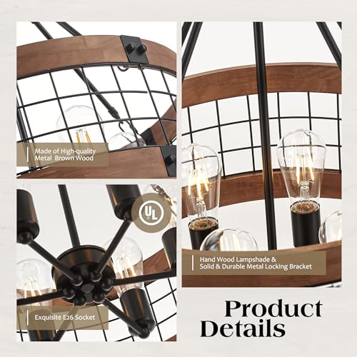 6 Light Farmhouse Drum Wood Pendant Light (6 Count)