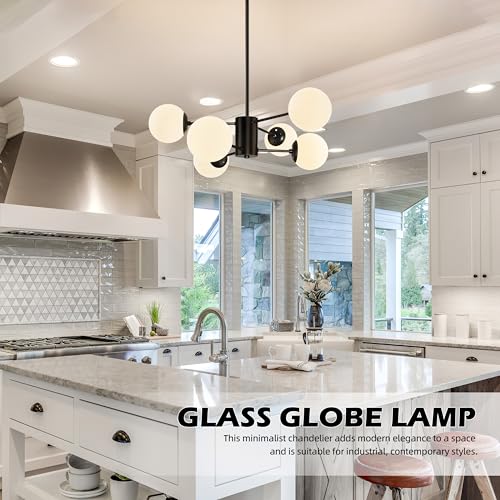 6 Light Sputnik Chandelier Black Sputnik Chandeliers Modern Mid Century Globe Pendant Light Matte Black Finished with White Frosted Globe Glass Lampshade for Dining Room Bedroom Kitchen