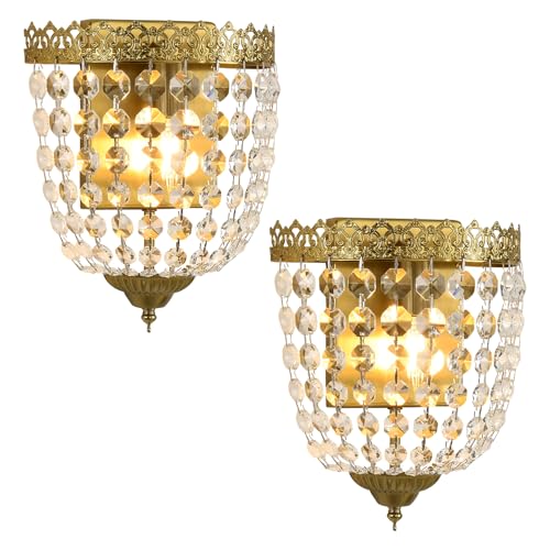 Vintage Crystal Wall Sconces Set of 2 Hardwired Brushed Brass Finish (2 Count)