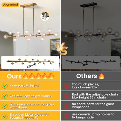Gold Globe Chandelier Linear Rectangle Modern Chandelier Glass Pendant Light Fixture Adjustable for Dining Living Room Kitchen Island 55"
