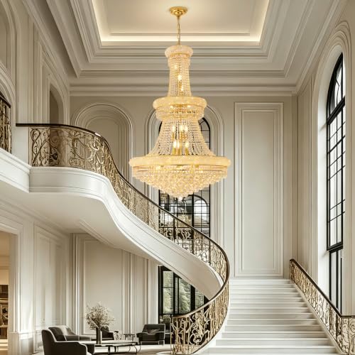 27 Lights High Ceiling Chandelier Modern Gold Crystal Chandeliers Large Foyer Chandelier Fixtures for Staircase Living Room Hallway Entryway