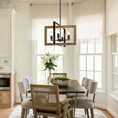 11.3"-55.3" Height Adjustable Farmhouse Real Wood Chandelier, No Assembly Required 4-Light Rustic Dining Room Light Fixture Over Table, Hanging Chandelier for Kitchen Living Room Foyer Entryway