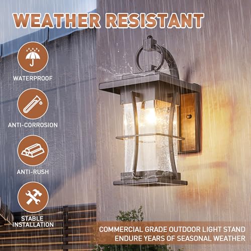 Oil Rubbed Bronze Outdoor Light Sconces Wall Mount Matte Brown Outdoor Wall Lamp Large Exterior Porch Wall Lantern with Seeded Glass 15" Outside Lights for House
