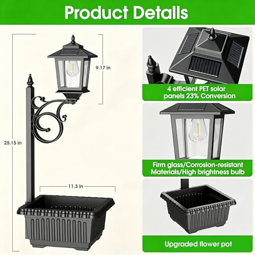 2 Pack 2-in-1 Outdoor Flower Pots, Solar Post Lamps Waterproof, Solar Lamp Post Lights, Wall Mount or Freestanding, Outdoor Decorative Lamp for Garden, Patio, Front Porch, Back Door, Warm White