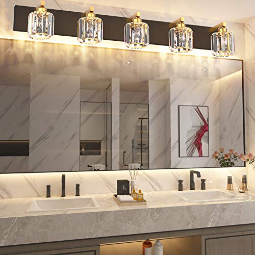 Crystal Bathroom Vanity Light Black Vanity Lighting fixtures 5 Lights Crystal Vanity Light for Bathroom