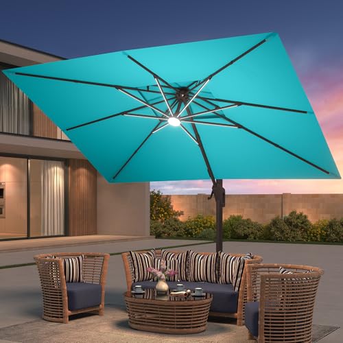 9x12 FT Patio Cantilever Outdoor Umbrella with Base and LED Lights
