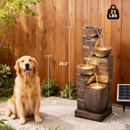 Solar Water Fountain Outdoor Garden 4 Tiers Stone Texture Modern Fountains