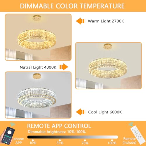 W32 Modern Chandeliers for Living Room LED Dimmable Pendant Lighting High Ceiling Chandelier for Dining Room Foyer Hallway Crystal Rectangle Light Fixtures Gold
