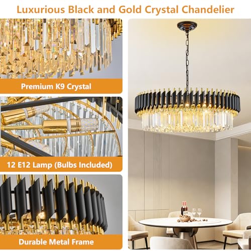 Black and Gold Crystal Chandelier Contemporary Large Crystals Chandeliers 30" with 6