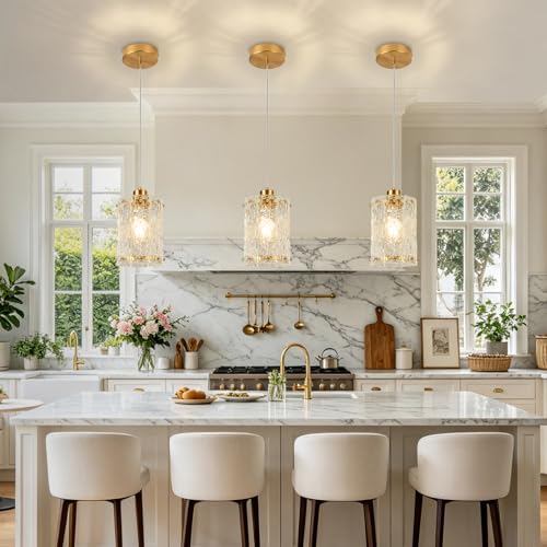 Gold Pendant Lights Kitchen Island 1 Pack Modern Water Ripple Glass Pendant Lights Mini Chandelier Adjustable Hanging Pendant Lighting for Kitchen Island Dining Room Over Sink Table Entryway