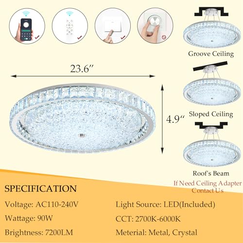 24" Modern Crystal Chandelier Dimmable LED Flush Mount Ceiling Light with Remote Control for Bedroom Hallway Dining Room Silver