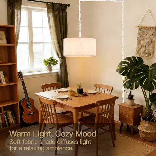 3 Light Plug in Pendant Light with Linen Drum Shade
