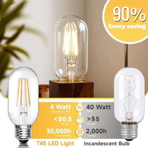 Edison Bulbs 4W Vintage 40 Watt Light Bulbs E26 Led Bulb 4000K Natural Light CRI90 T45 Antique LED Bulb Clear Glass 400 Lumens 4 Packs for Chandeliers (4 Count)
