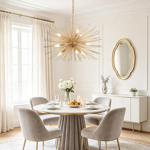 29in 9 Lights Gold Sputnik Chandelier Mid Century Modern Starburst