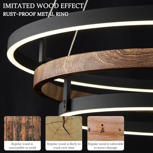 3 Ring LED Chandelier Modern Chandeliers Walnut Wood Black Dimmable 24''