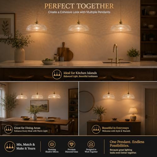 11.8″ Retro Glass Pendant Light Premium Thickened Clear Glass Shade Antique Brass Finish and Adjustable Gold Braided Cord Decorative Lighting for Kitchen Island