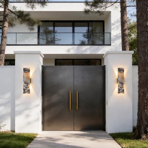 2 Pack 12.6in Natural Alabaster Marble Wall Sconce LED Waterproof Outdoor Indoor Wall Lamp Nordic Up Down Light Fixture Hardwired Metal Base 18W 3000K Universal Voltage for Porch Bedroom Living Room